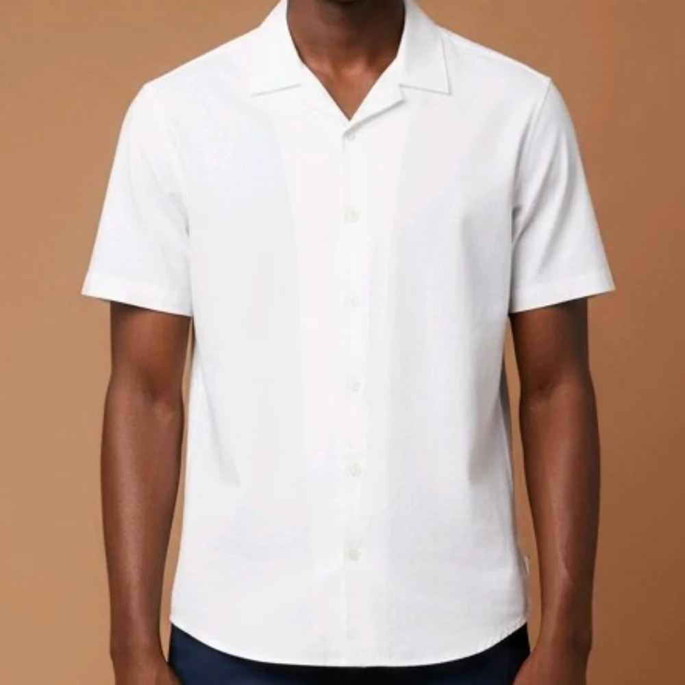 Runcati Men's Button Down Shirt, Short Sleeve White, Large Stretchy, Lightweight - Picture 8 of 10